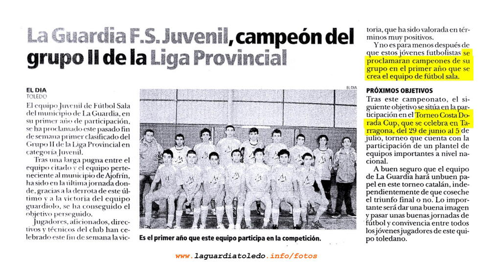 Reseña sobre el equipo juvenil de de fútbol de La Guardia apareceida en El Día de Toledo