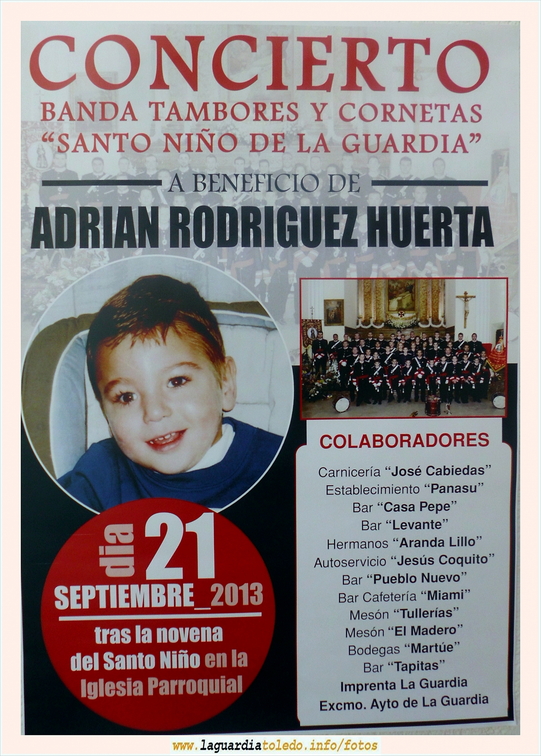Concierto benéfico para Adrián Rodriguez Huerta, el 21 de septiembre de 2013. A las 8 de la tarde en la Iglesia